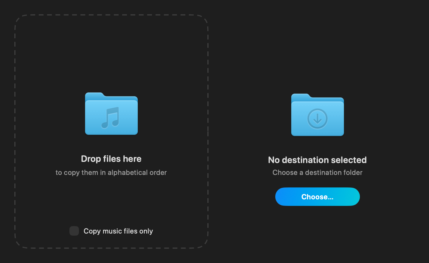 MP3copy's initial window: a drop zone reading 'Drop files here to copy them in alphabetical order' on the left, and 'No destination selected' with a Choose… button on the right