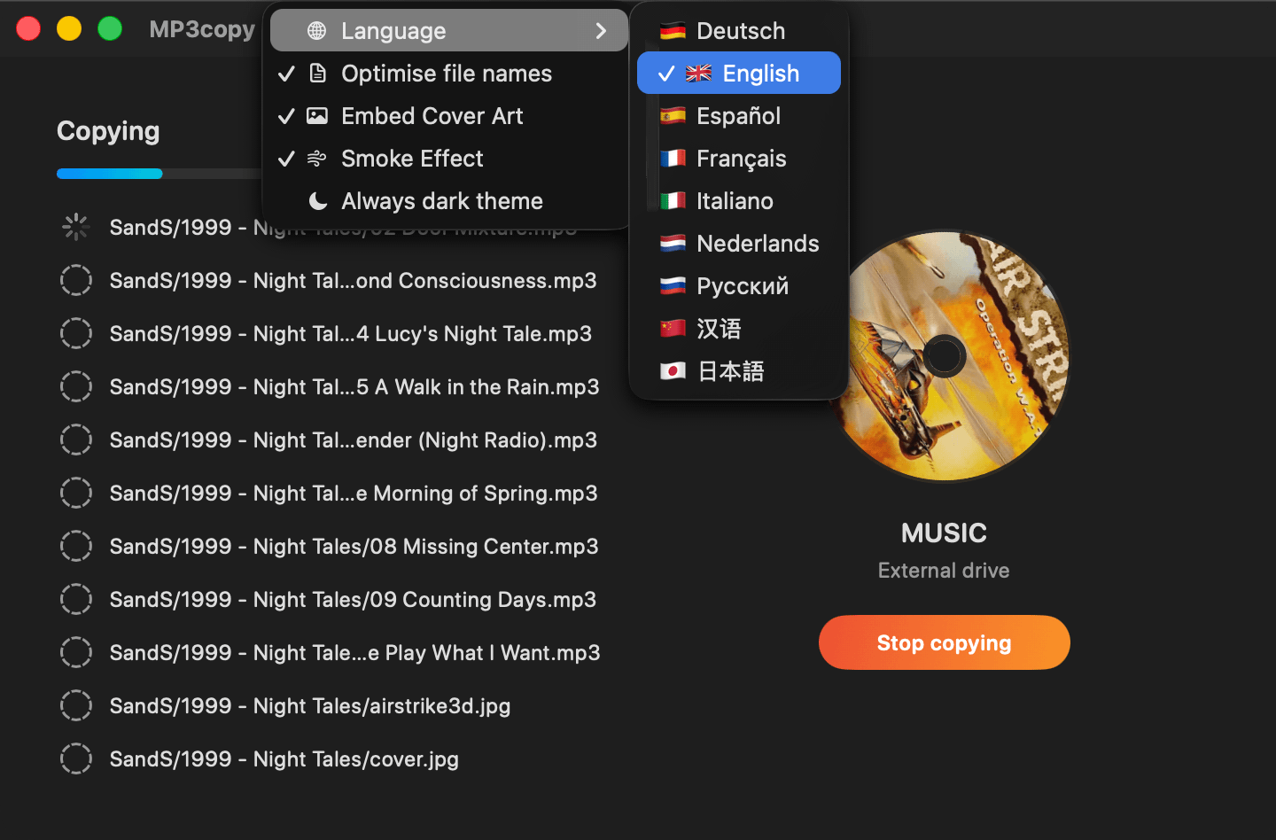 The Options menu open, showing the Language submenu with all available languages, plus Optimise file names, Embed Cover Art, Smoke Effect, and Always dark theme toggles