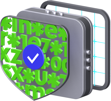 Illustration: a shield with a check mark in front of a device, covered with green characters of a password
