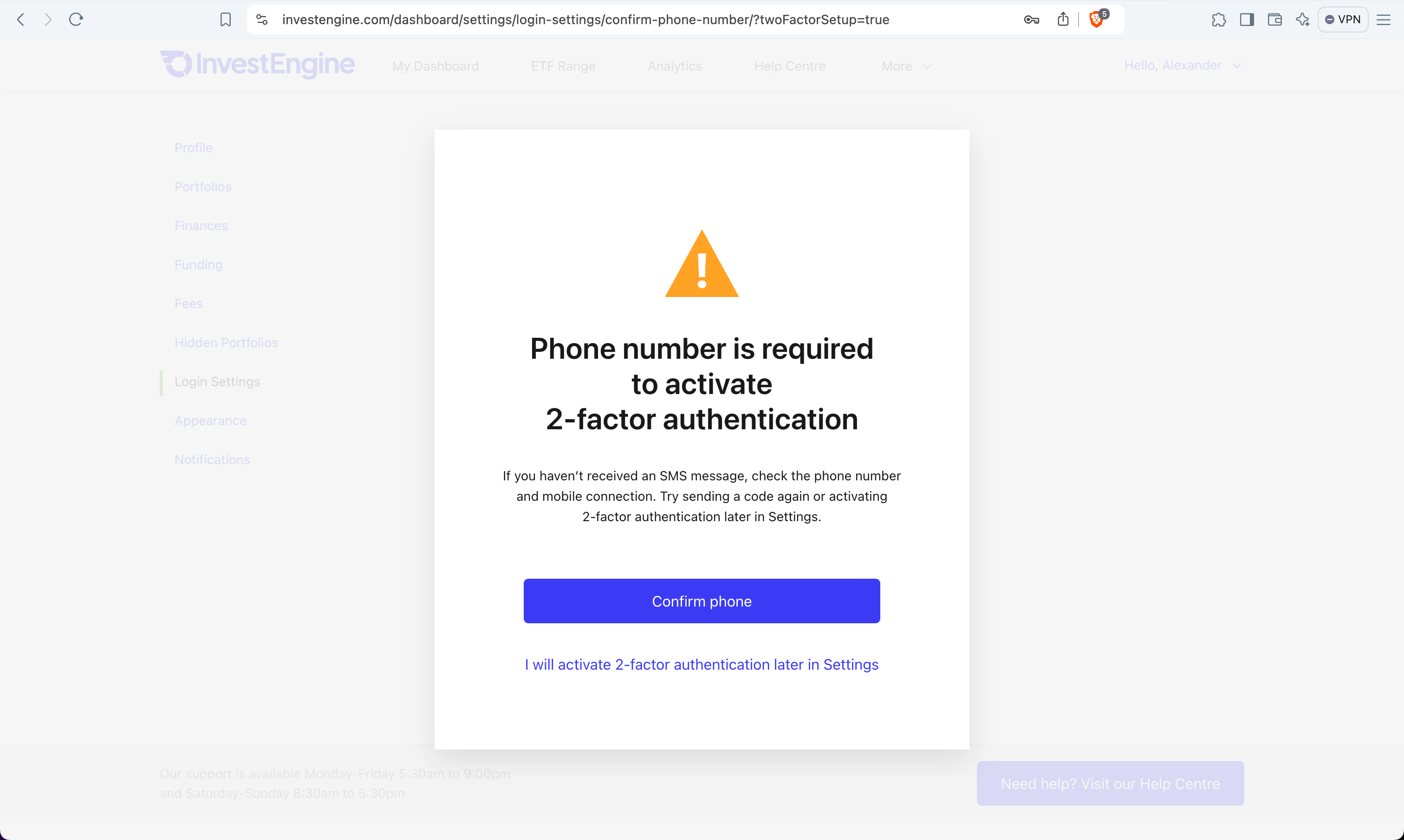 Original setup: warning that a phone number is required to activate two-factor authentication