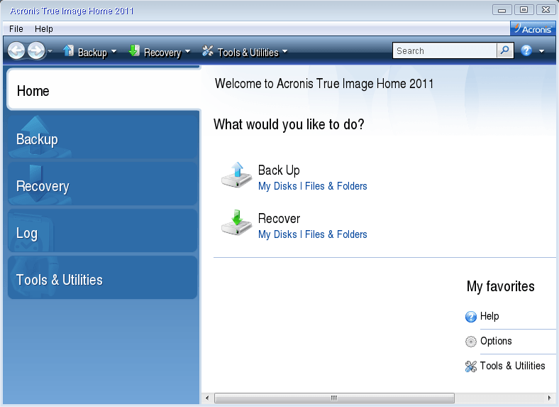 Acronis True Image interface, 2011
