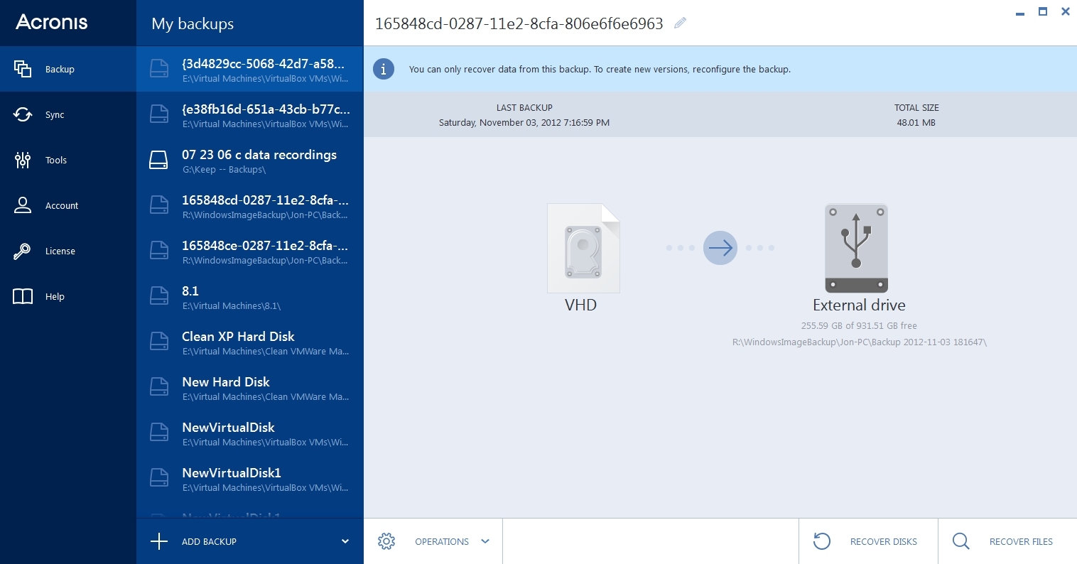 Acronis True Image interface, 2015