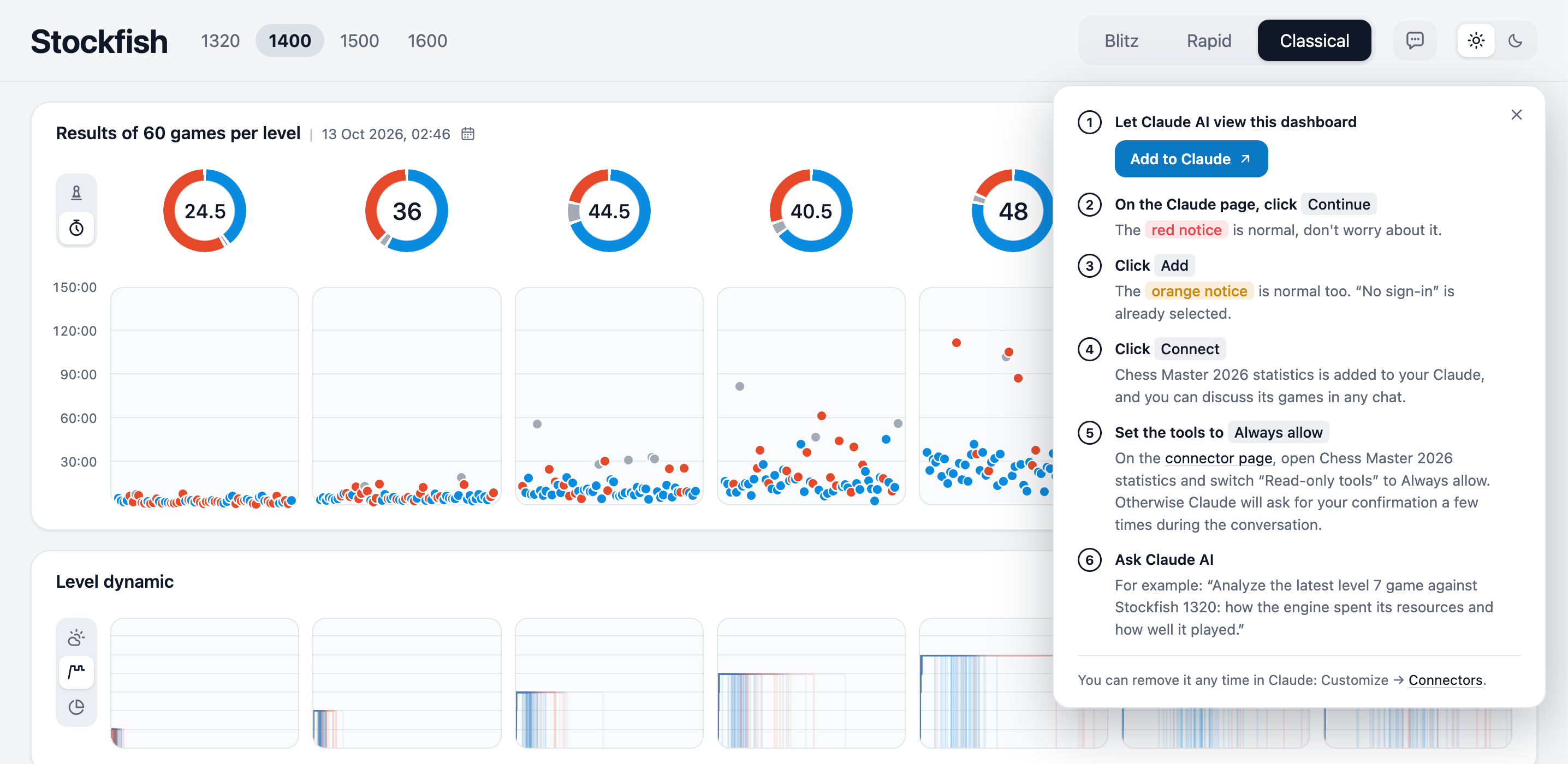 Dashboard with the instructions open: how to connect Claude to discuss game statistics in a chat