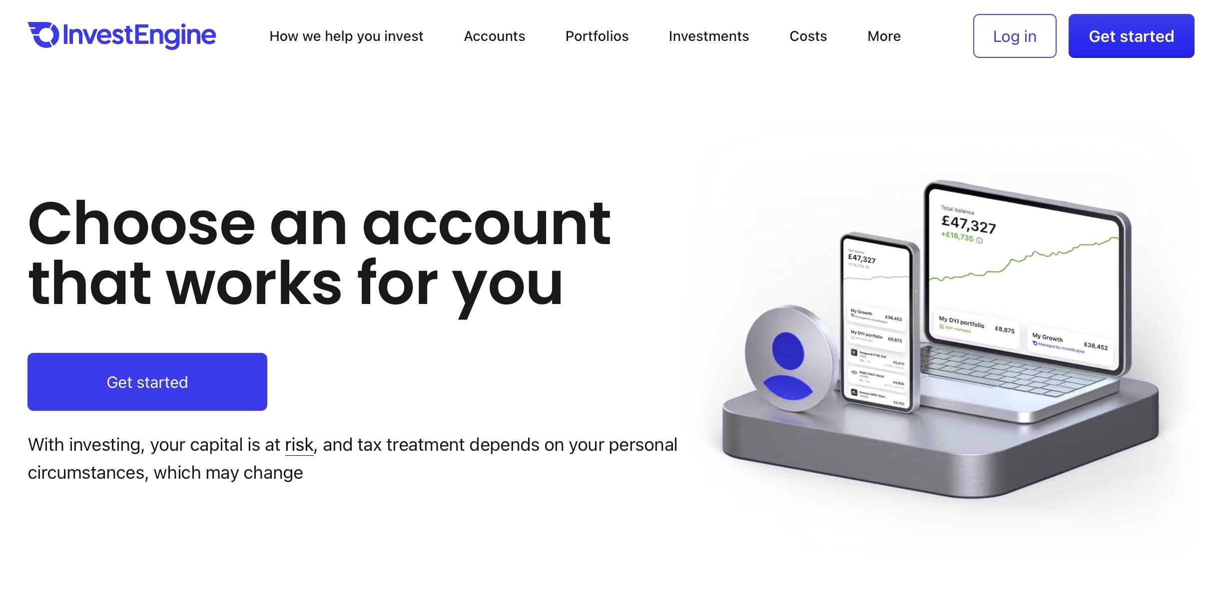 InvestEngine Accounts section featuring a laptop
