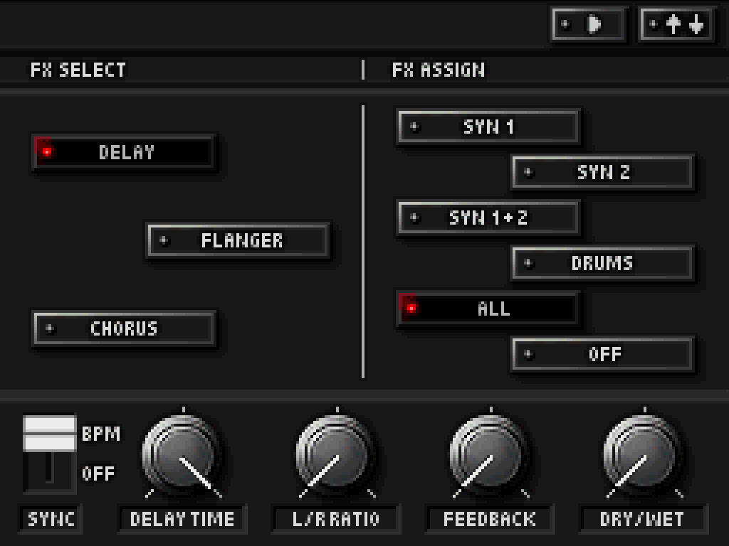 KORG DS-10 effects screen: FX select and FX assign