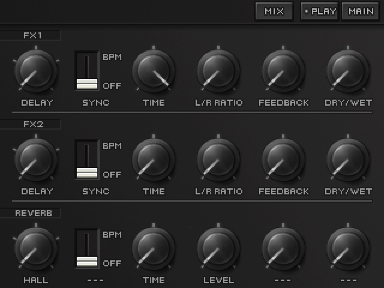 KORG DSN-12 effects screen: delay, chorus and reverb parameters