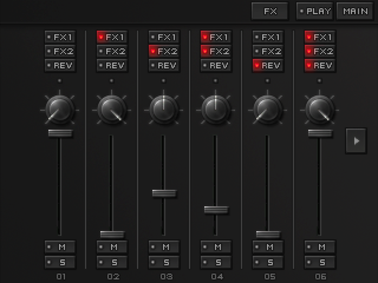 KORG DSN-12 mixer: six channels with effect sends, level faders, mute and solo