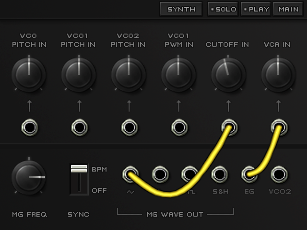 KORG DSN-12 patch screen: modulation sources connected to inputs with virtual cables