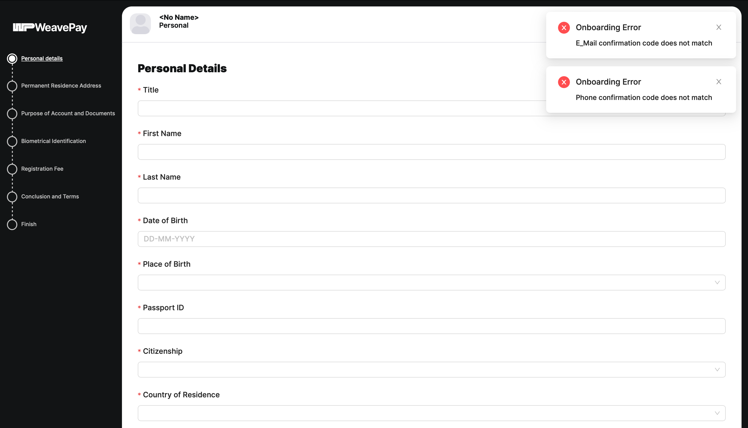 WeavePay registration screen before the redesign