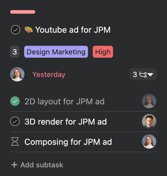 Task broken into subtasks assigned to several designers
