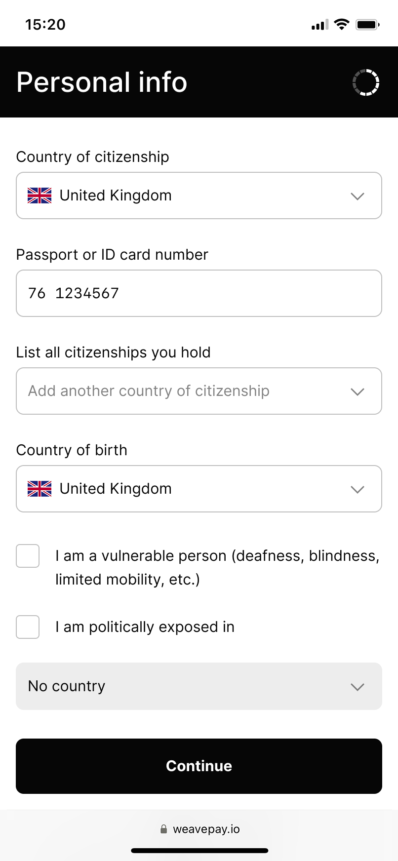 WeavePay personal info form with the option to add another country of citizenship