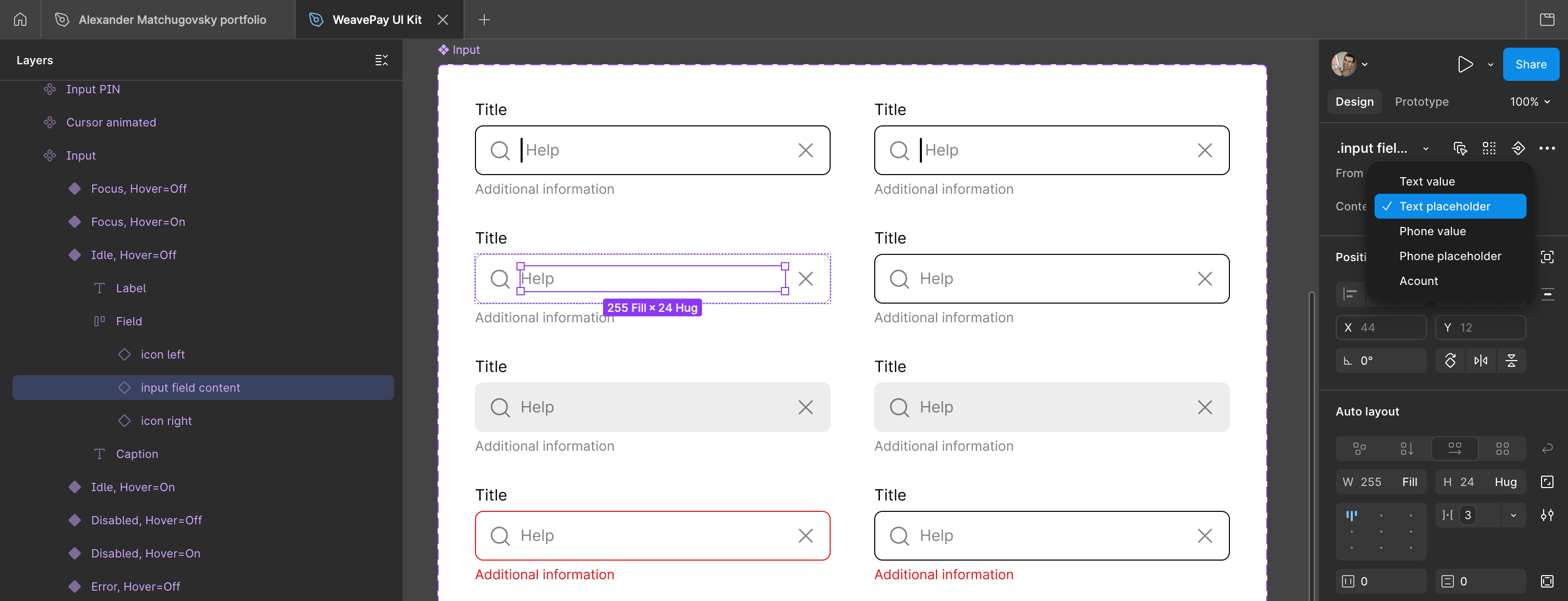 WeavePay input field component with its nested 'input field content' component selected in Figma